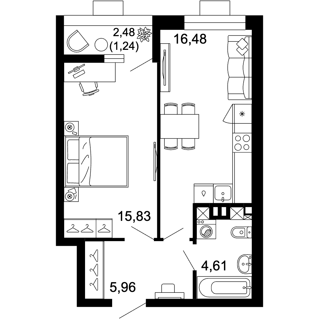 Планировка 2-комнатной квартиры 44,20 м²