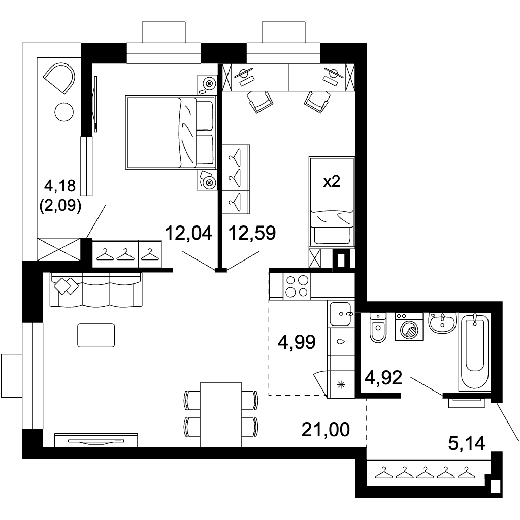 Планировка 3-комнатной квартиры 62,80 м²